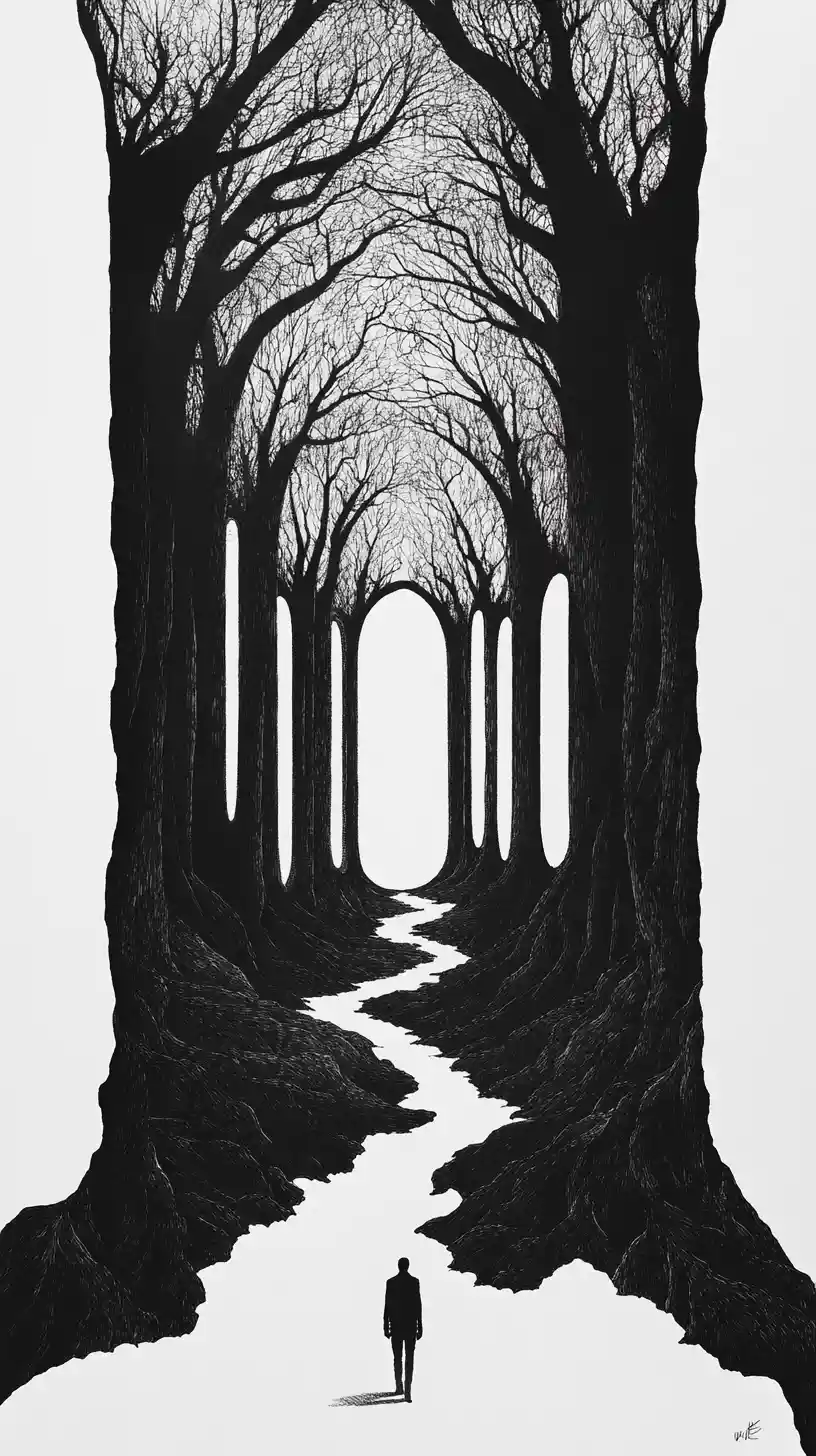 Silhouette Divided Between Forest Textures And Cathedral Arches