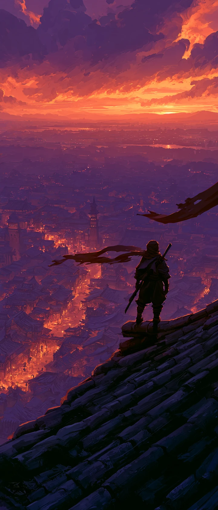 Ninja overlooking a twilight fantasy city from a rooftop