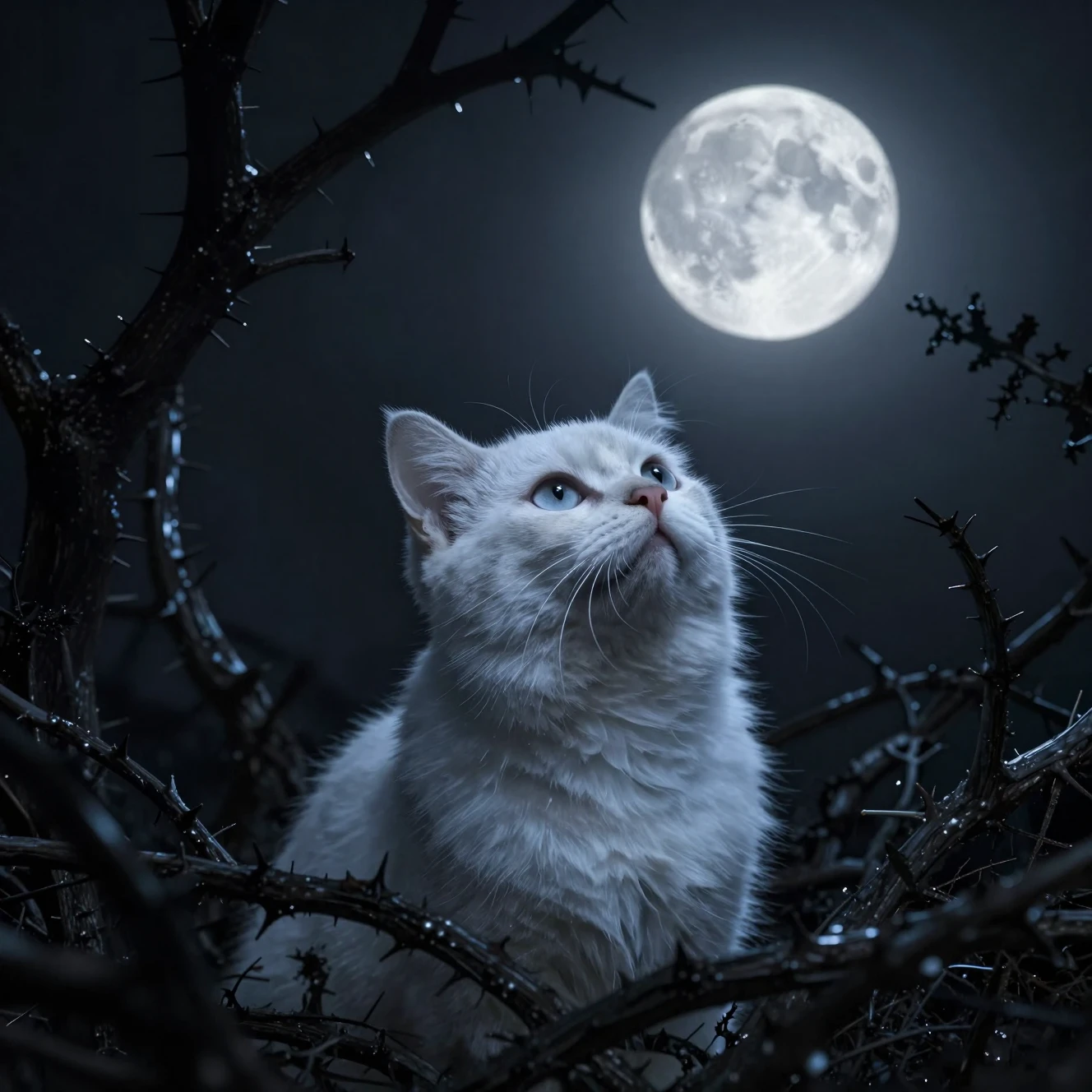 White cat under the full moon in thorny dark forest