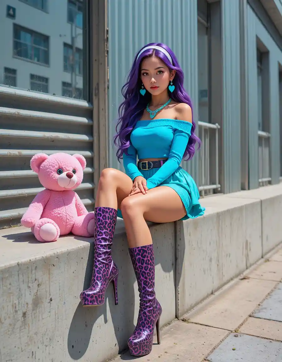 Stylish woman in neon outfit posing with pink teddy bear