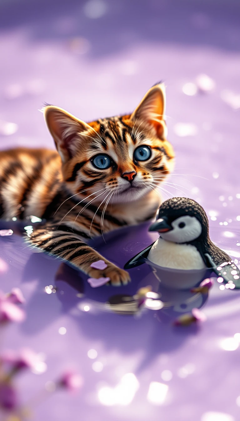Blue eyed cat and penguin floating in lavender water