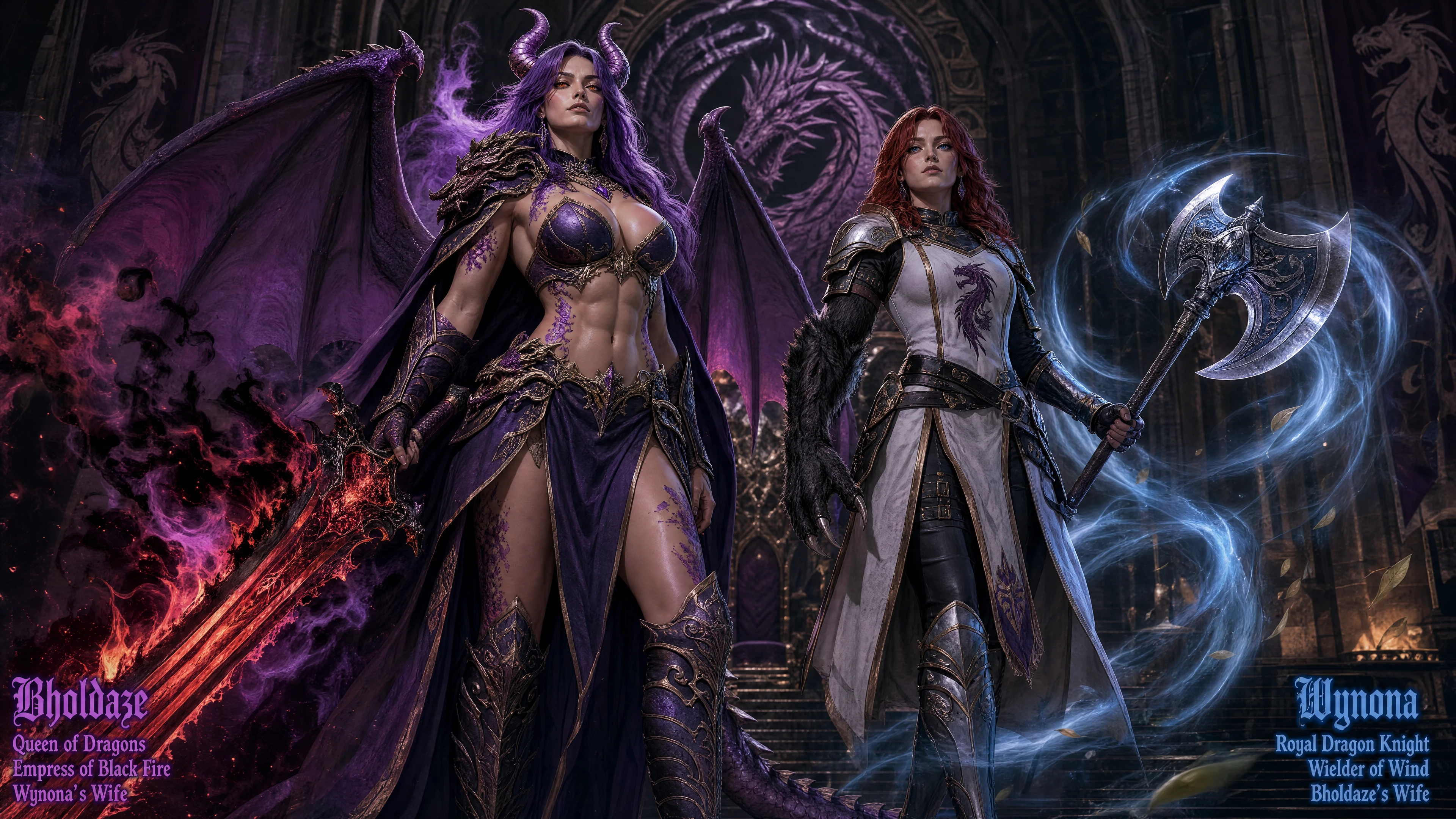 Dragon queen warrior woman with purple wings and sword
