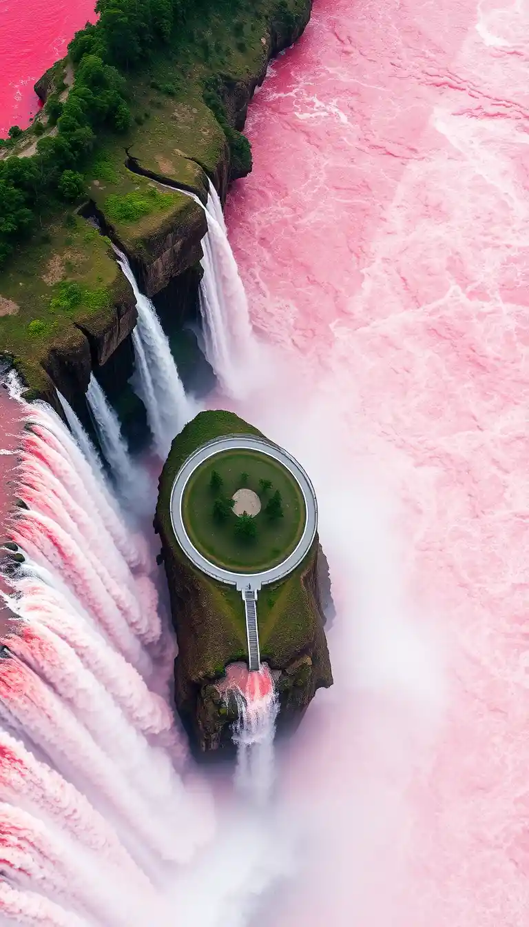 Oblique aerial view of colossal pink river waterfall