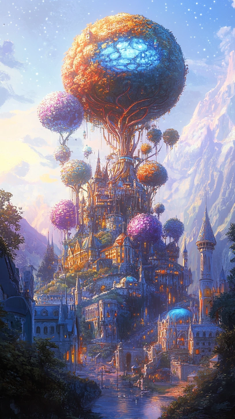 Whimsical fantasy forest with vibrant trees and castle