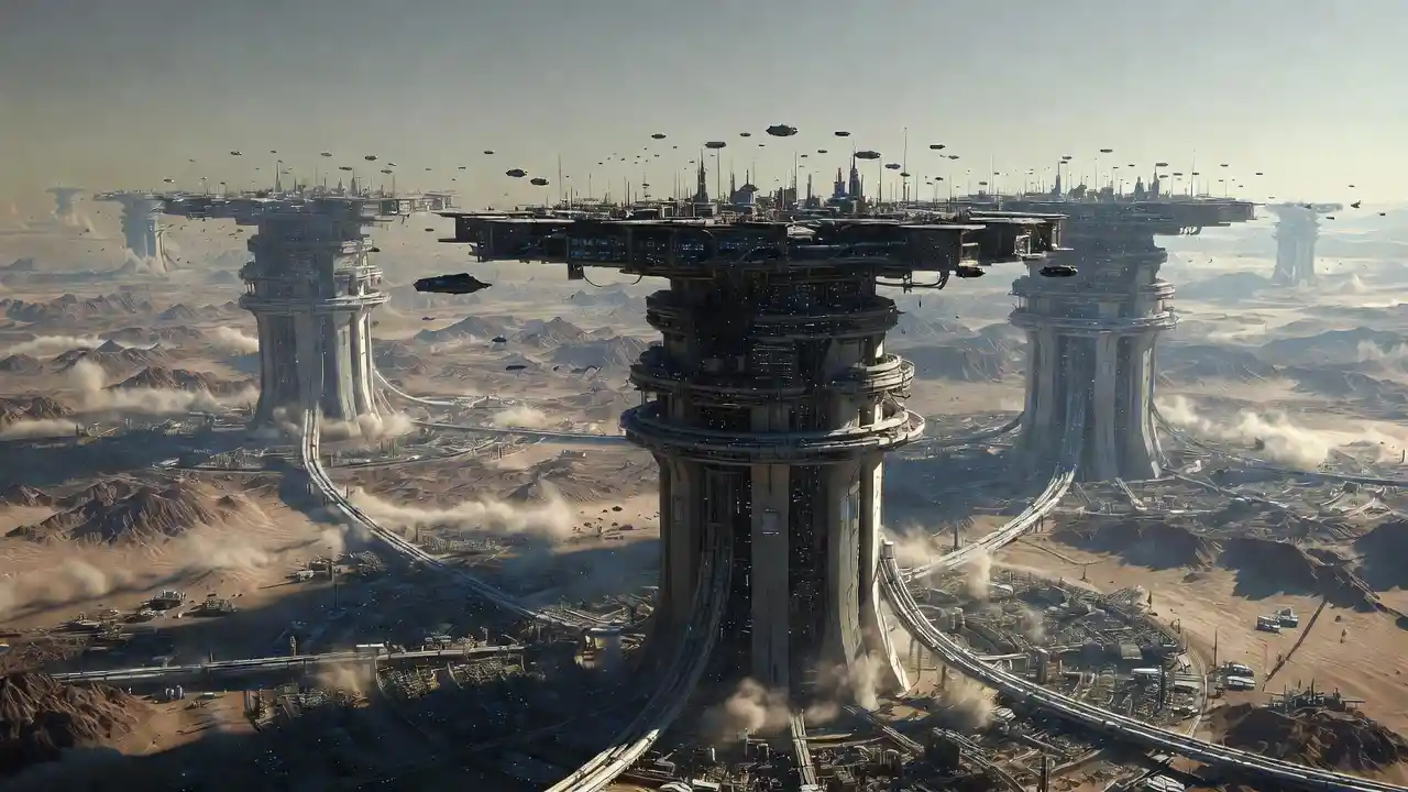 Colossal Futuristic Cities On Pillars Above Toxic Desert