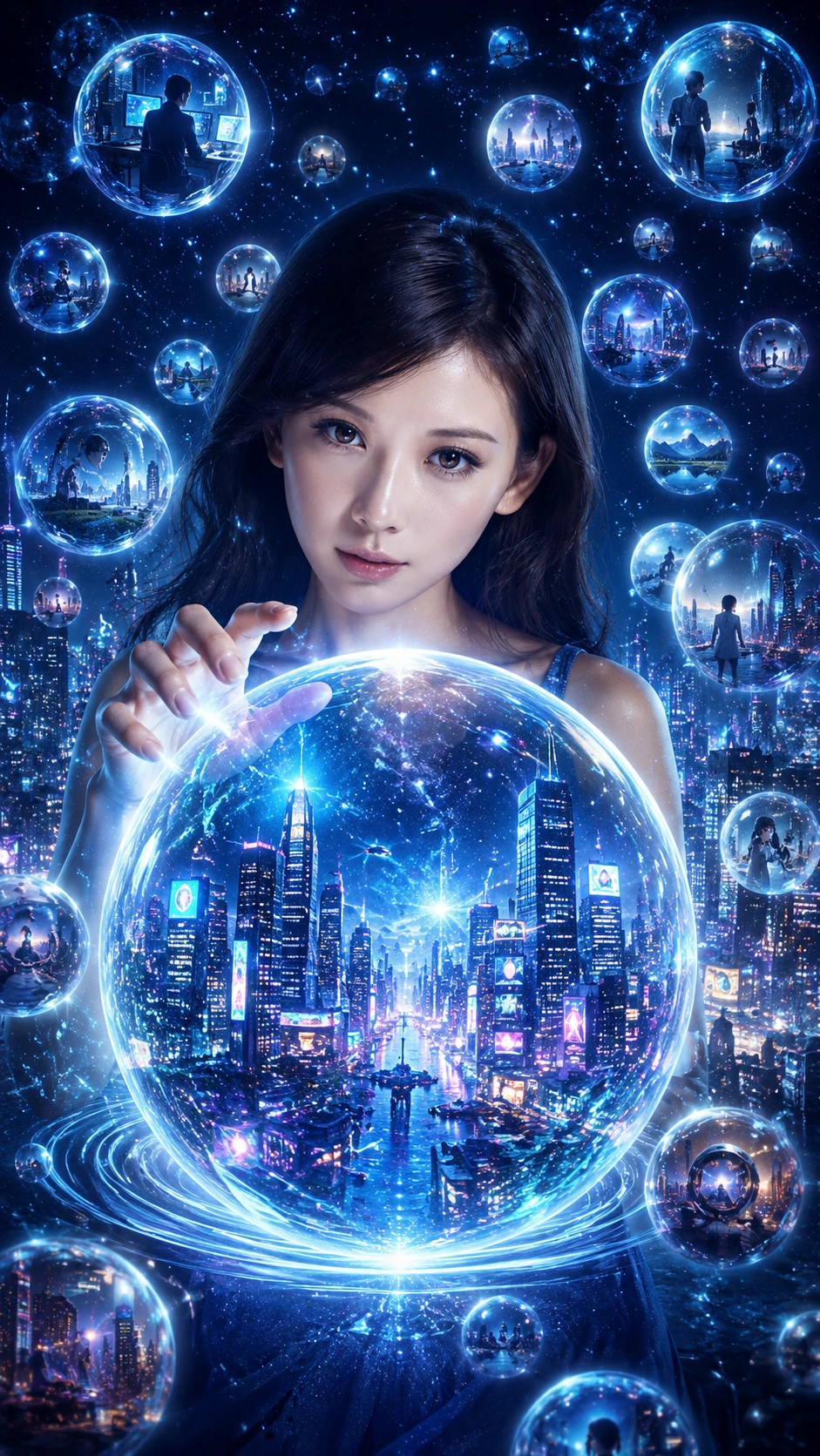 Woman touching glowing bubble with neon city inside
