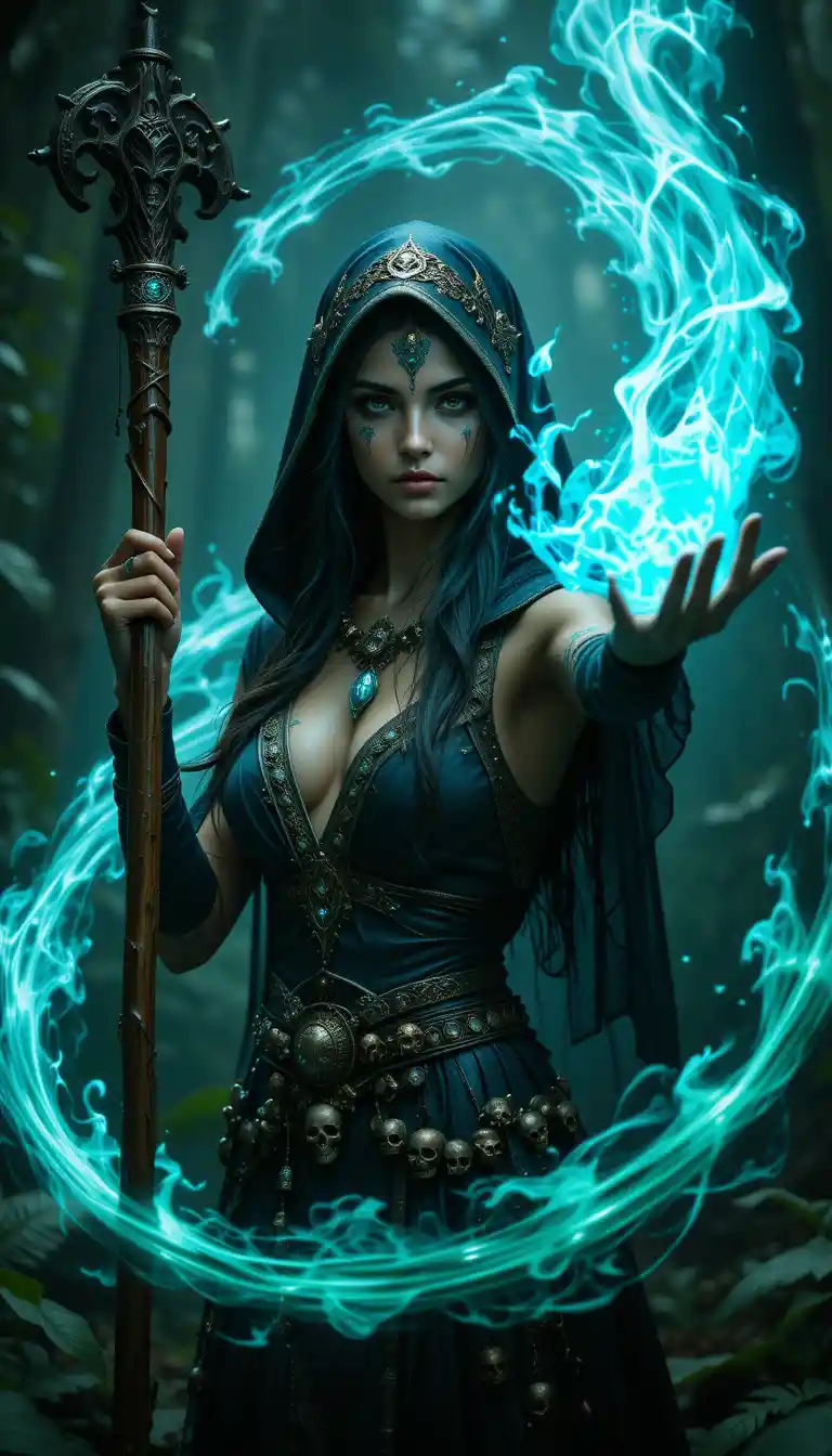 Dark forest witch summoning swirling blue flame magic