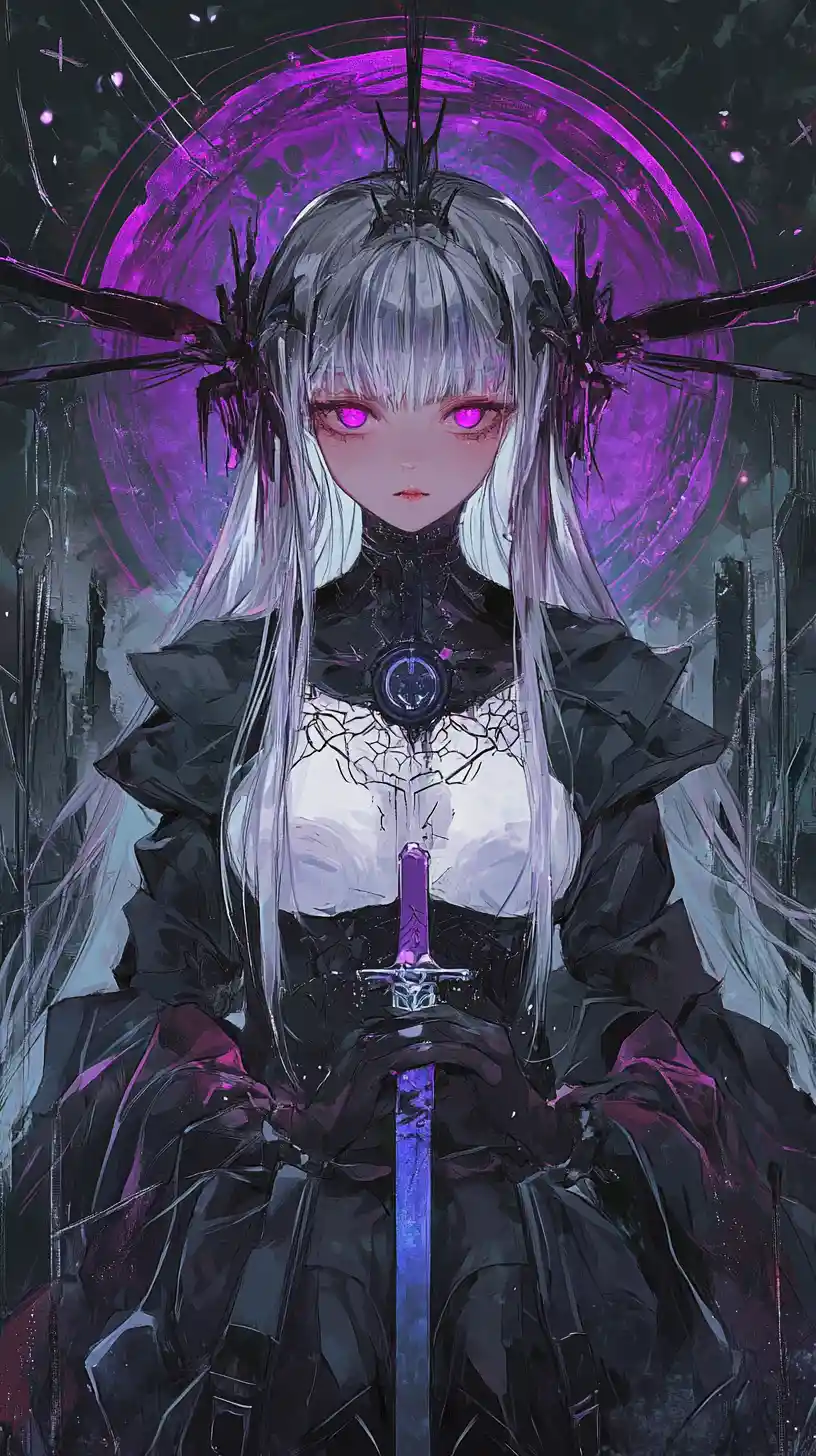 Serious haloed anime girl with glowing geometric wings