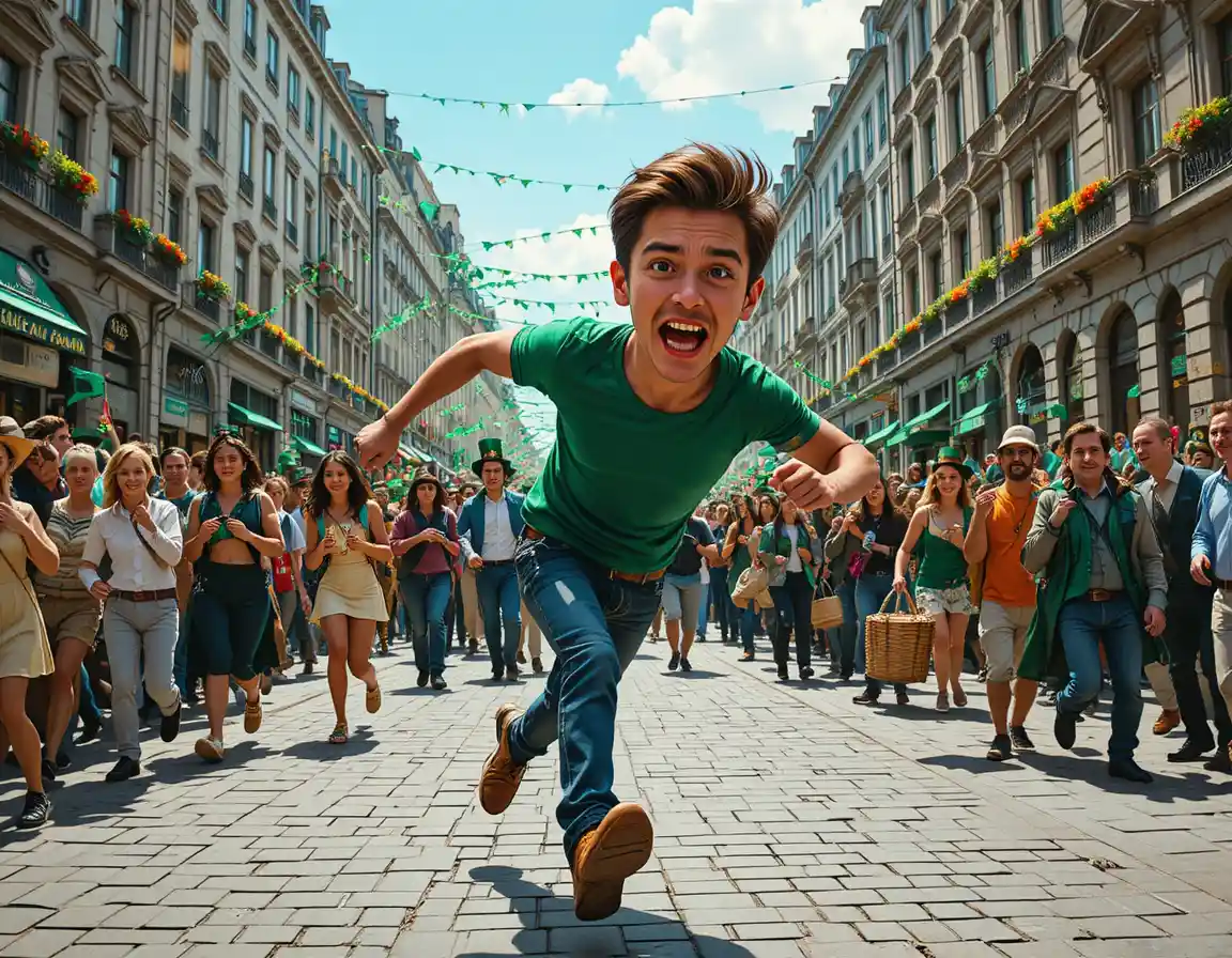 Young man running through crowded city street parade