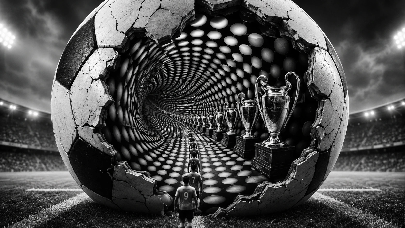 Cracked Soccer Ball Revealing Infinite Tunnel Interior