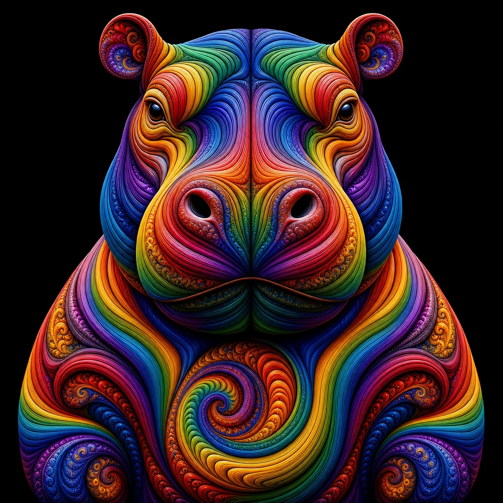 Colorful abstract hippo made of swirling rainbow ribbons