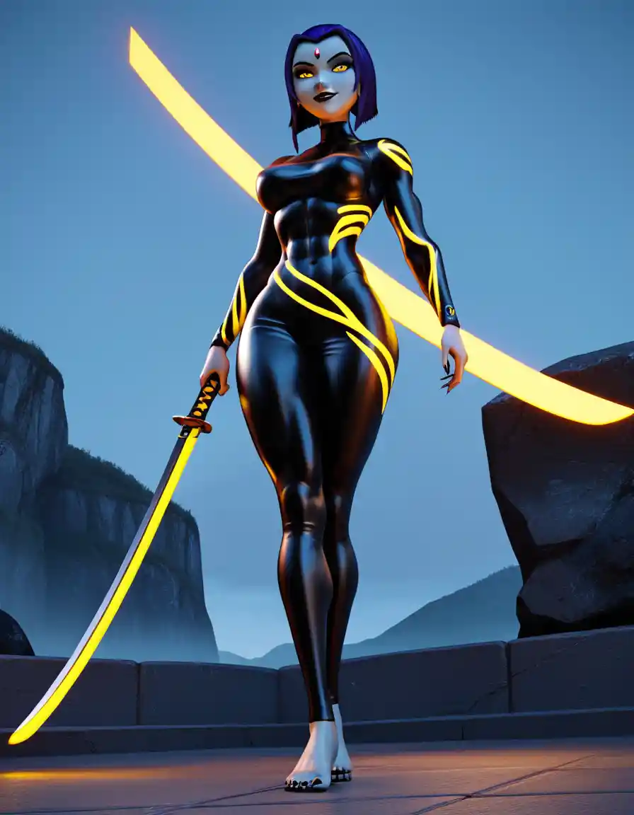Giant futuristic woman with glowing yellow eyes and katana