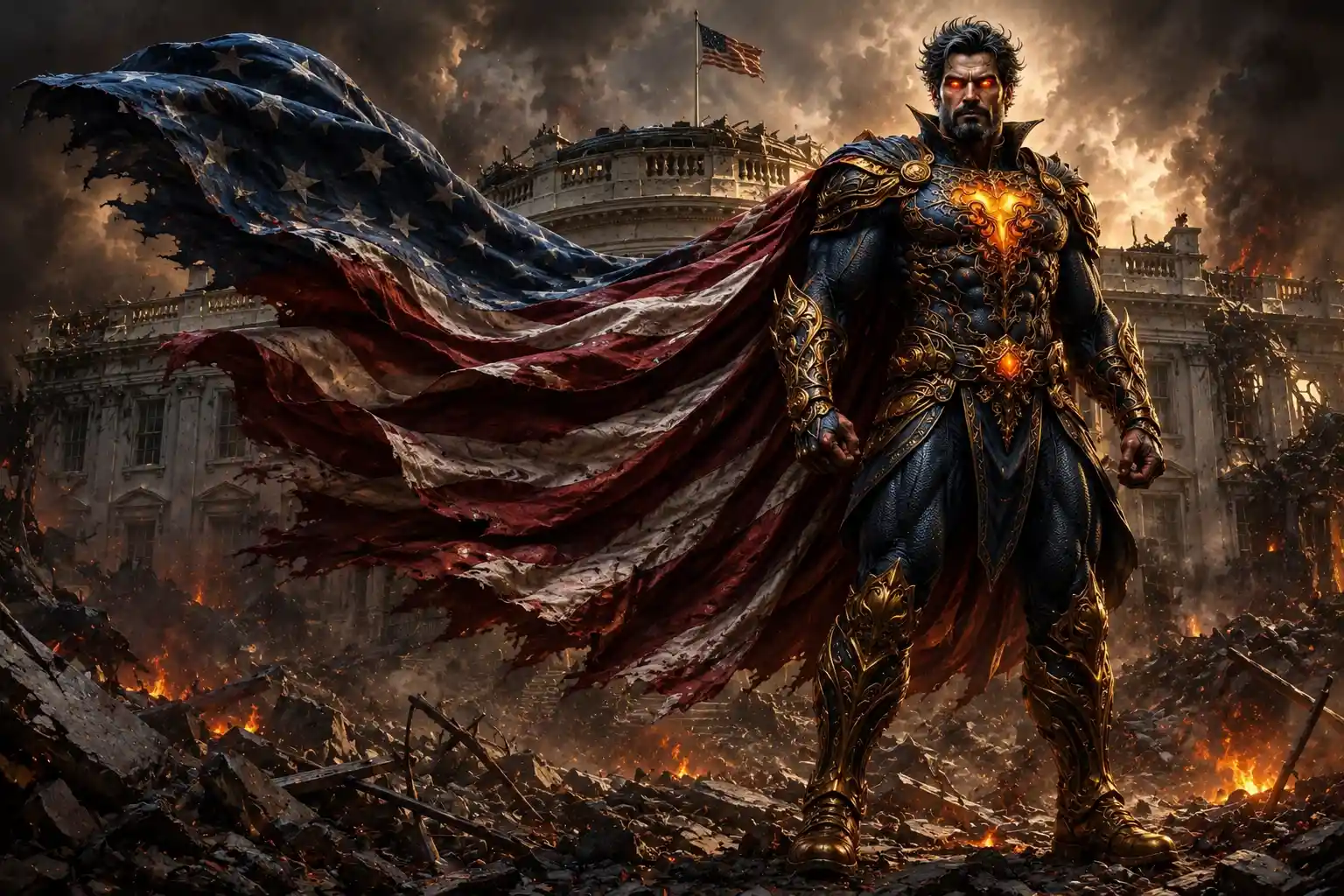 Aging armored superhero amid the ruins of the White House