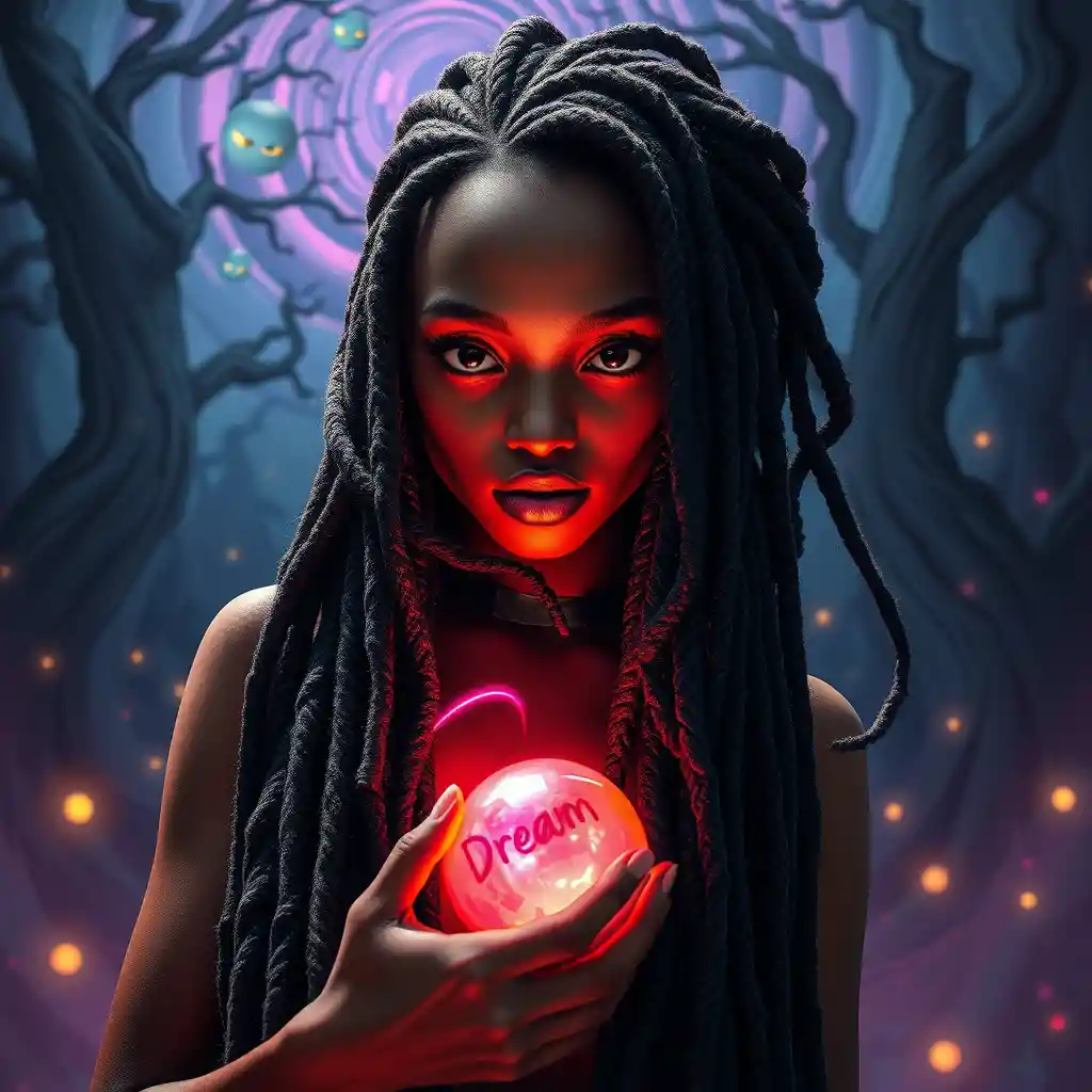 Woman with glowing dreadlocks in surreal gothic dreamscape
