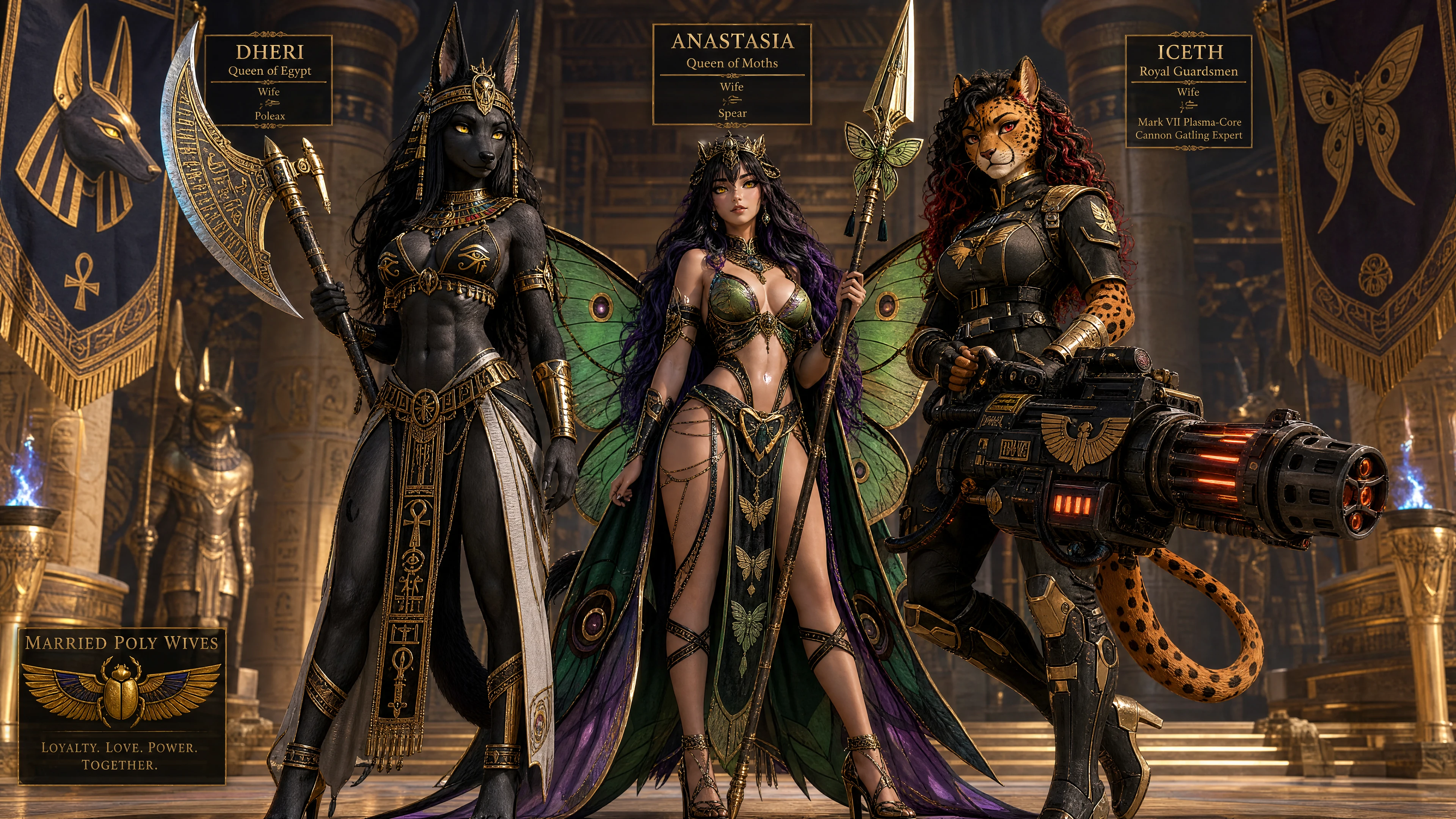 Egyptian jackal queen in royal garments with poleaxe