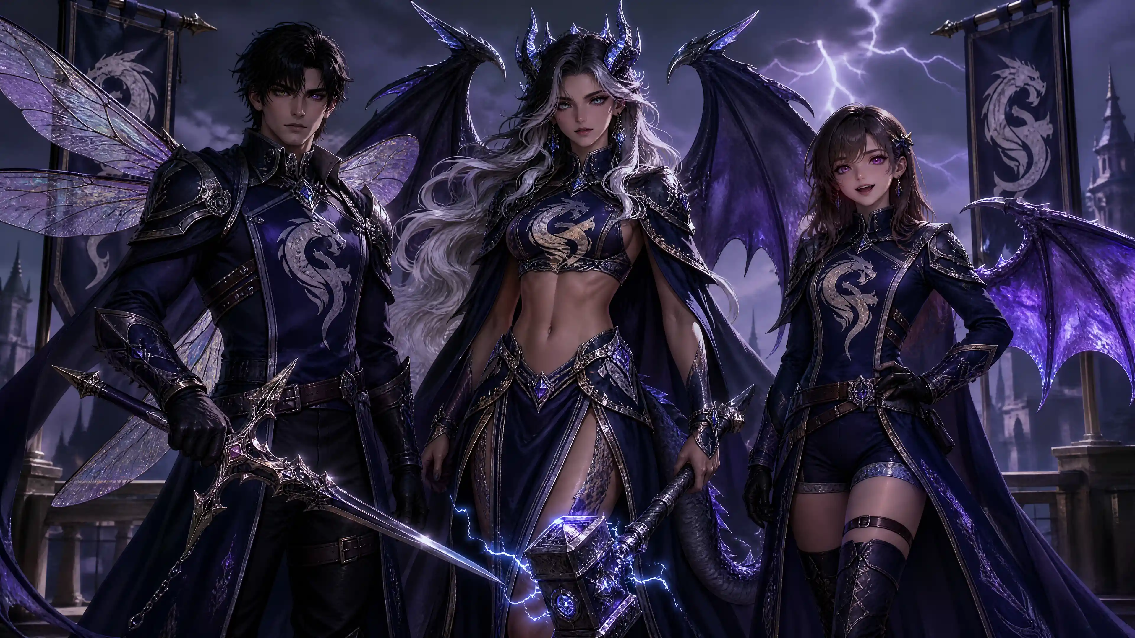 Storm dragon queen with horns wings tail and royal hammer