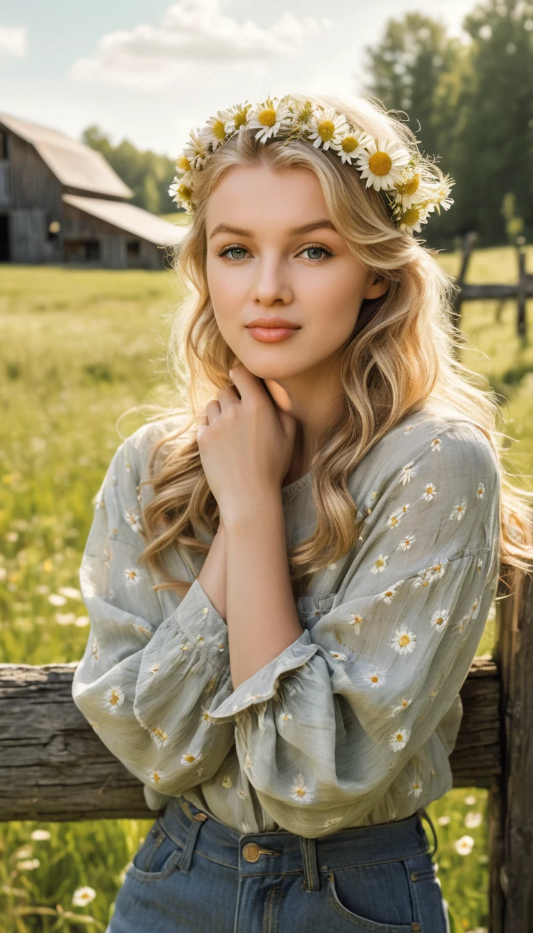 Blonde girl smiling by rustic fence in sunny meadow