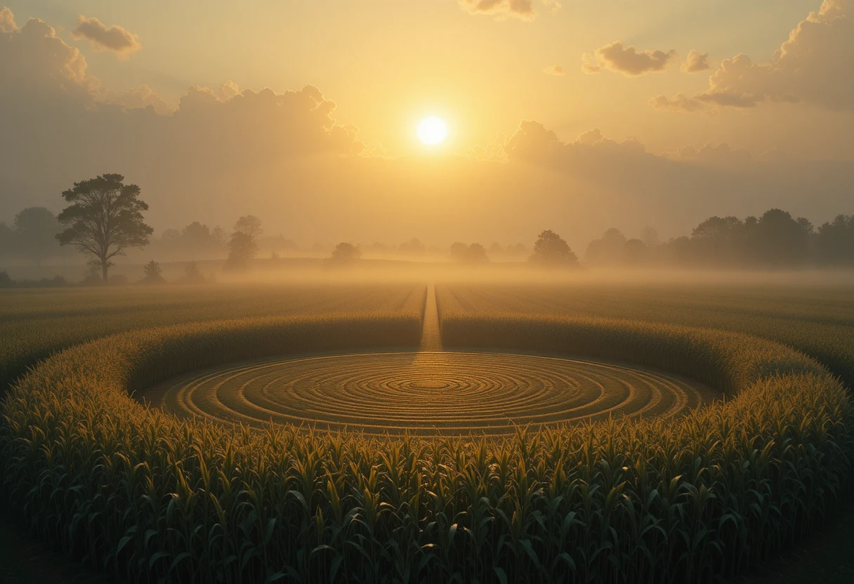 Mystical corn circle at dawn in soft golden mist