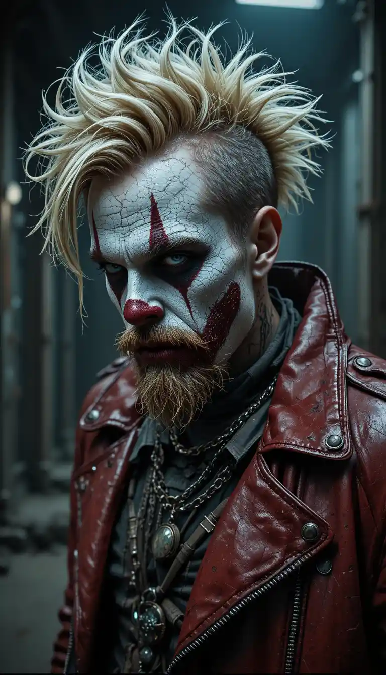 Menacing punk clown antihero in industrial close up portrait