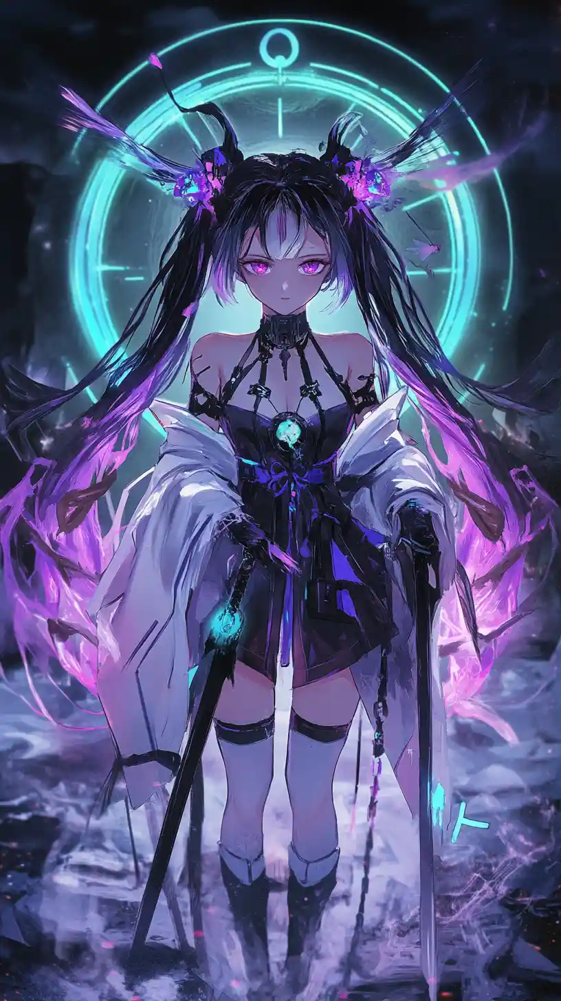 Anime girl with double halo and glowing crystal wings