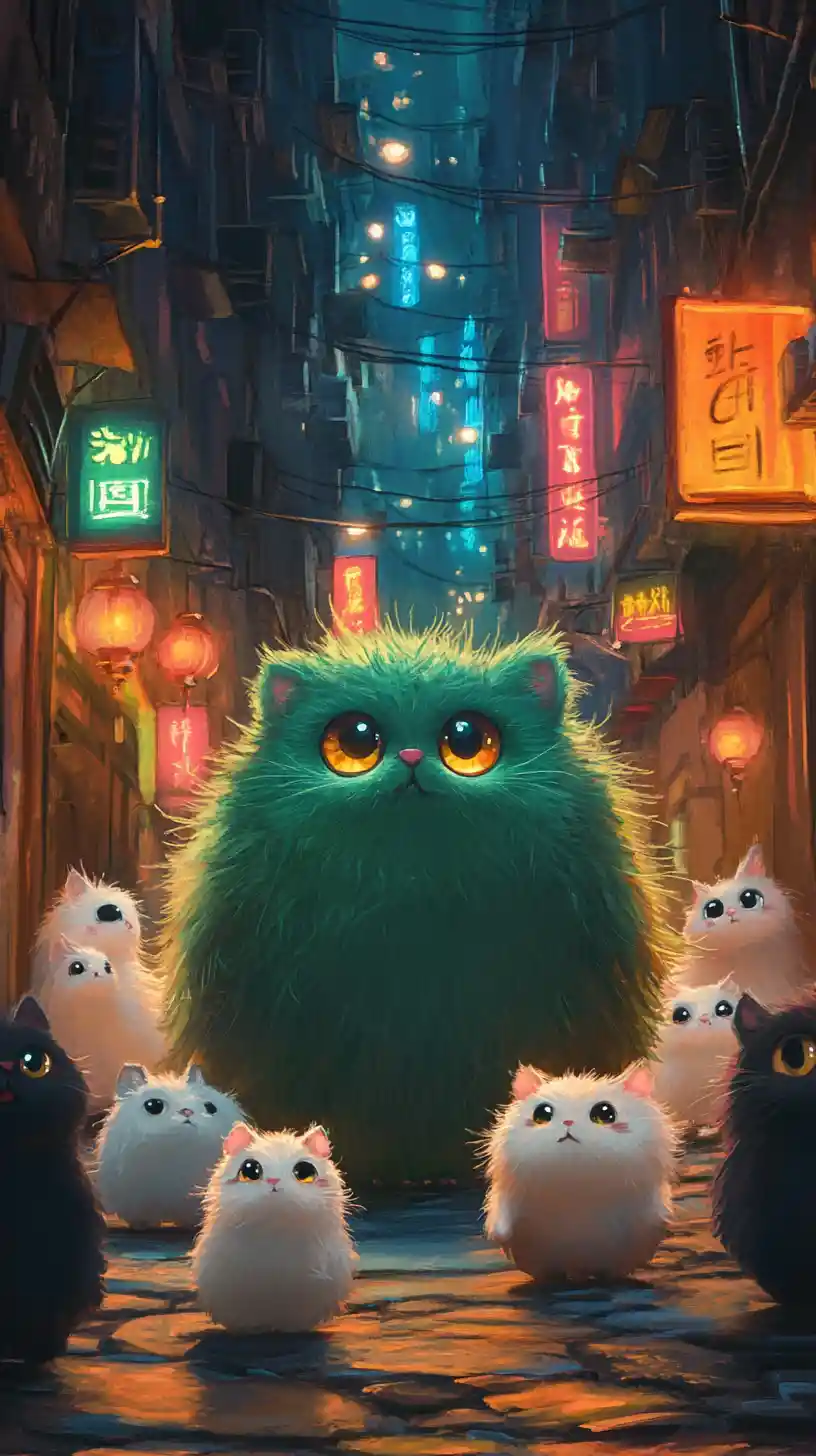 Whimsical fuzzy creatures in a neon city alley at night