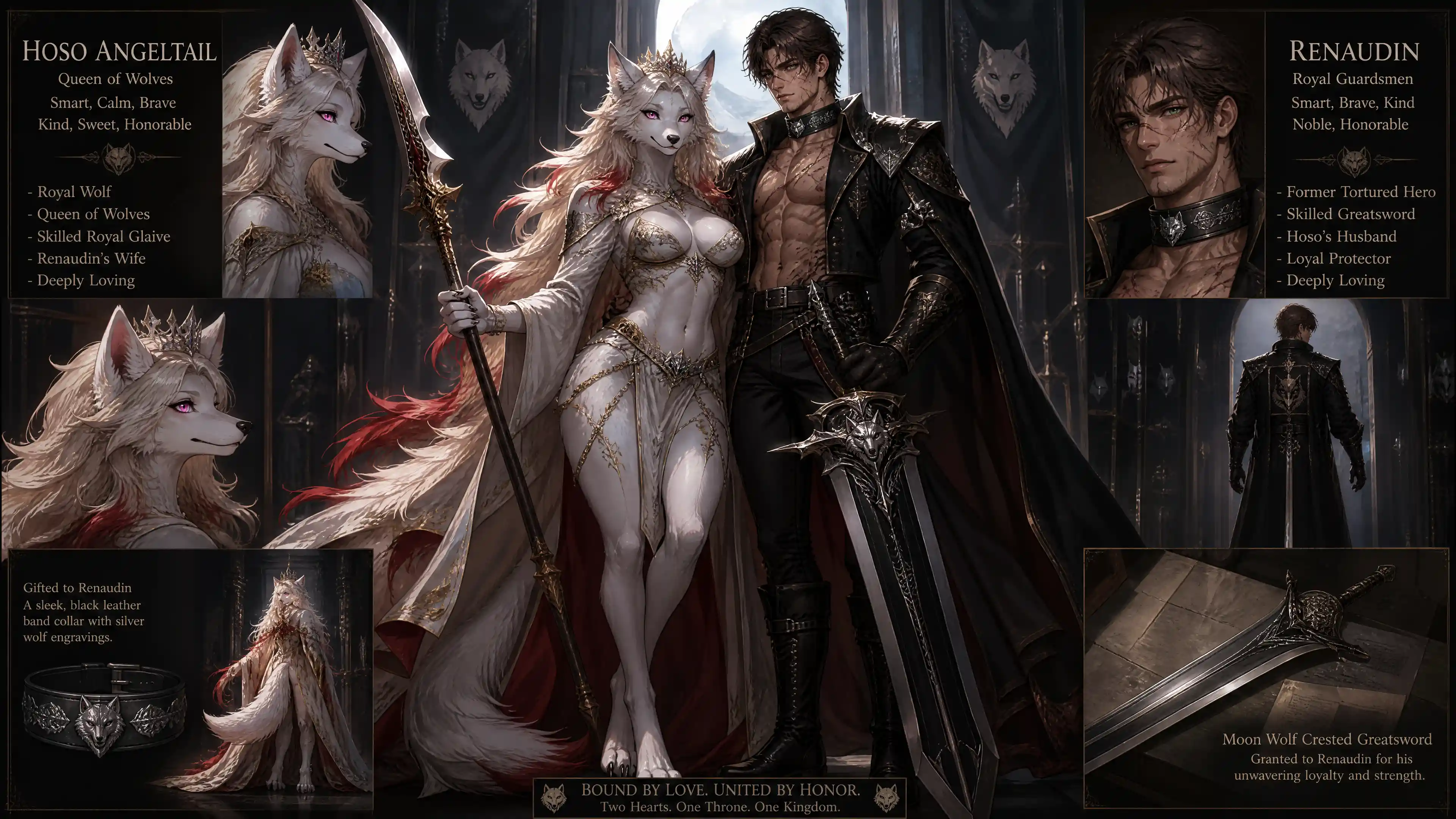 Regal wolf queen with gilded hair and pink eyes