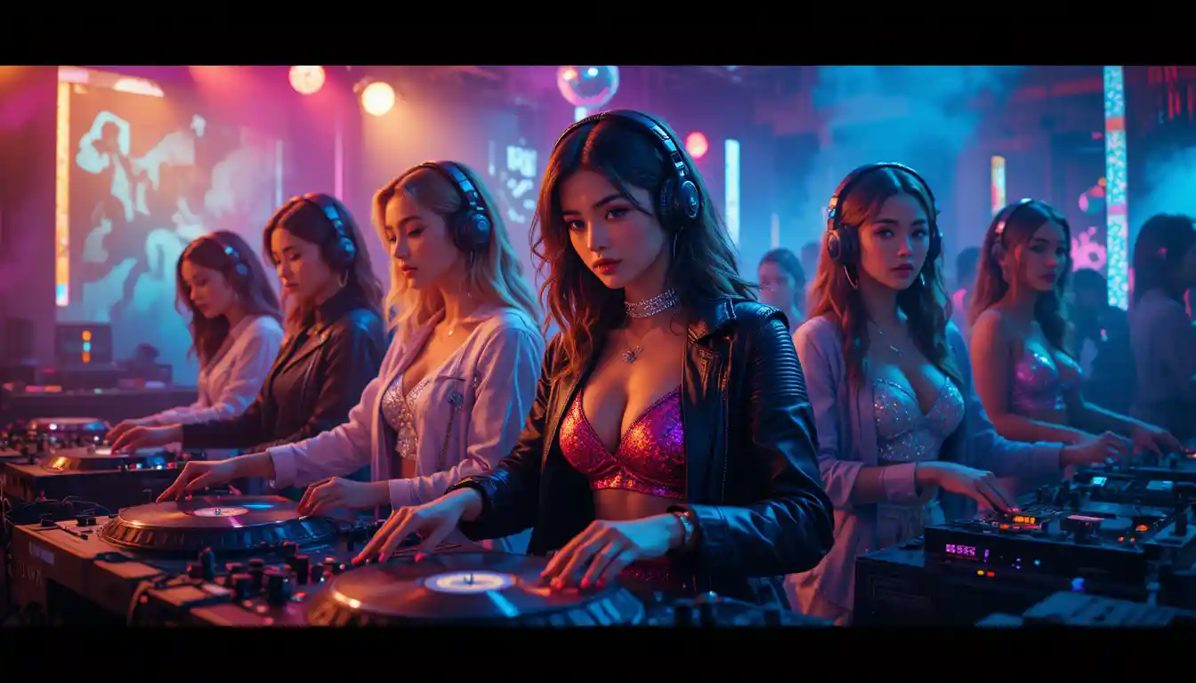 Female DJ mixing vinyl under neon 90s club lights
