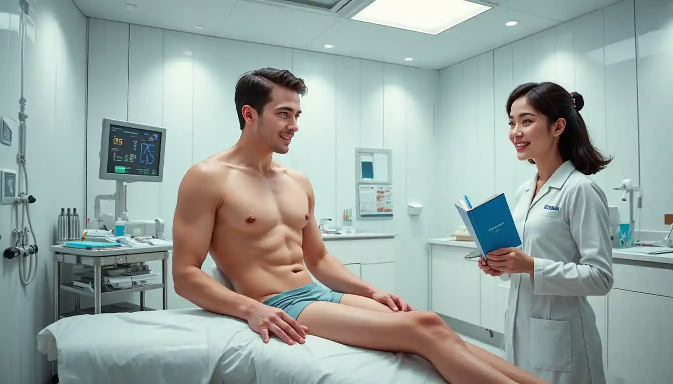 Dermatologist examining young man in bright clinic room