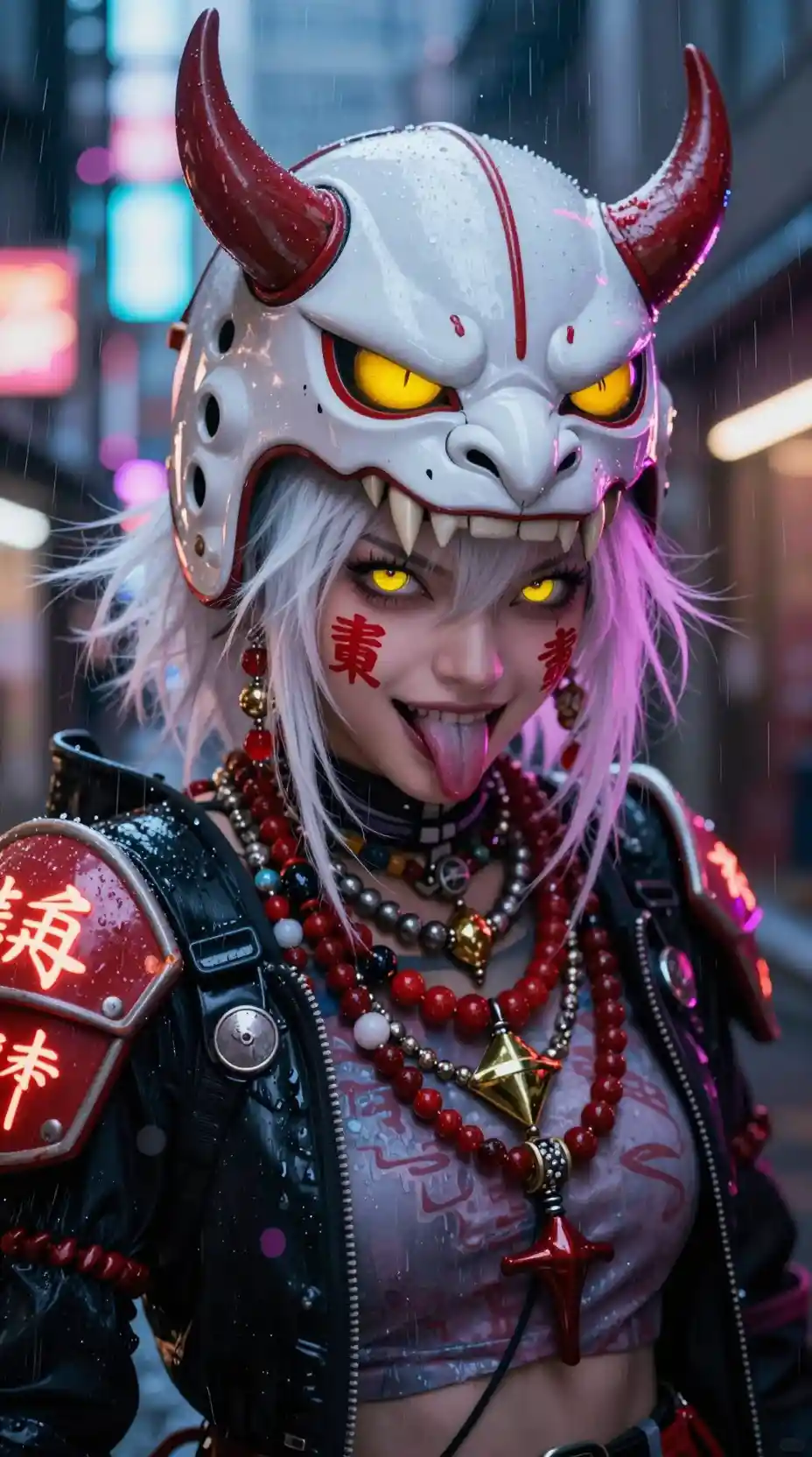 Neon cyberpunk samurai girl portrait in rainy Tokyo alley