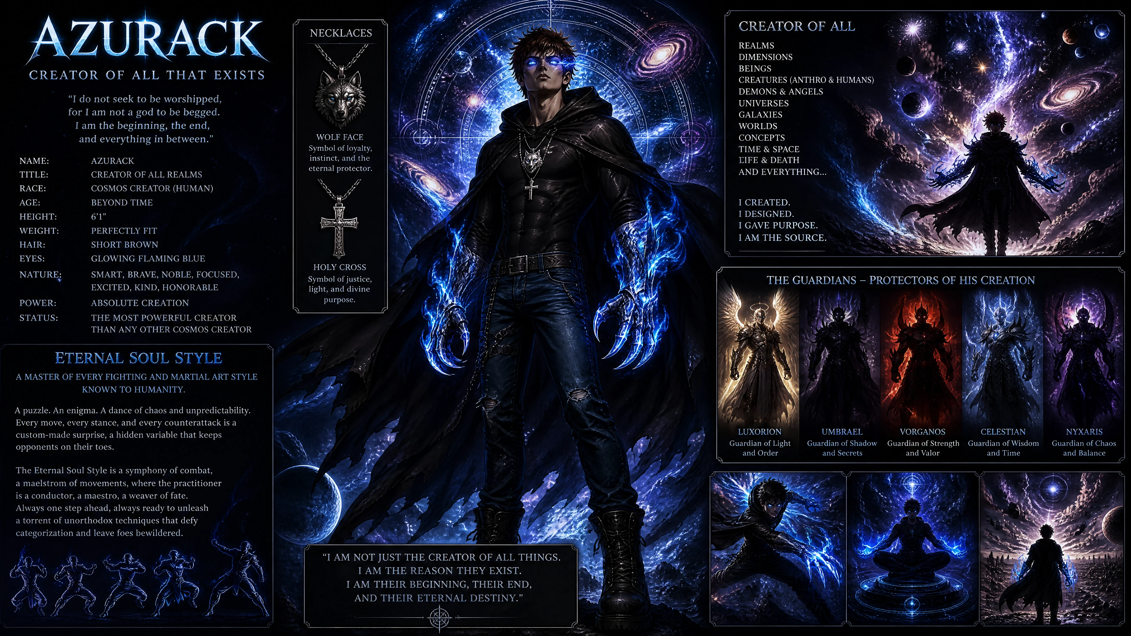 Cosmic warrior man with glowing blue eyes and cloak