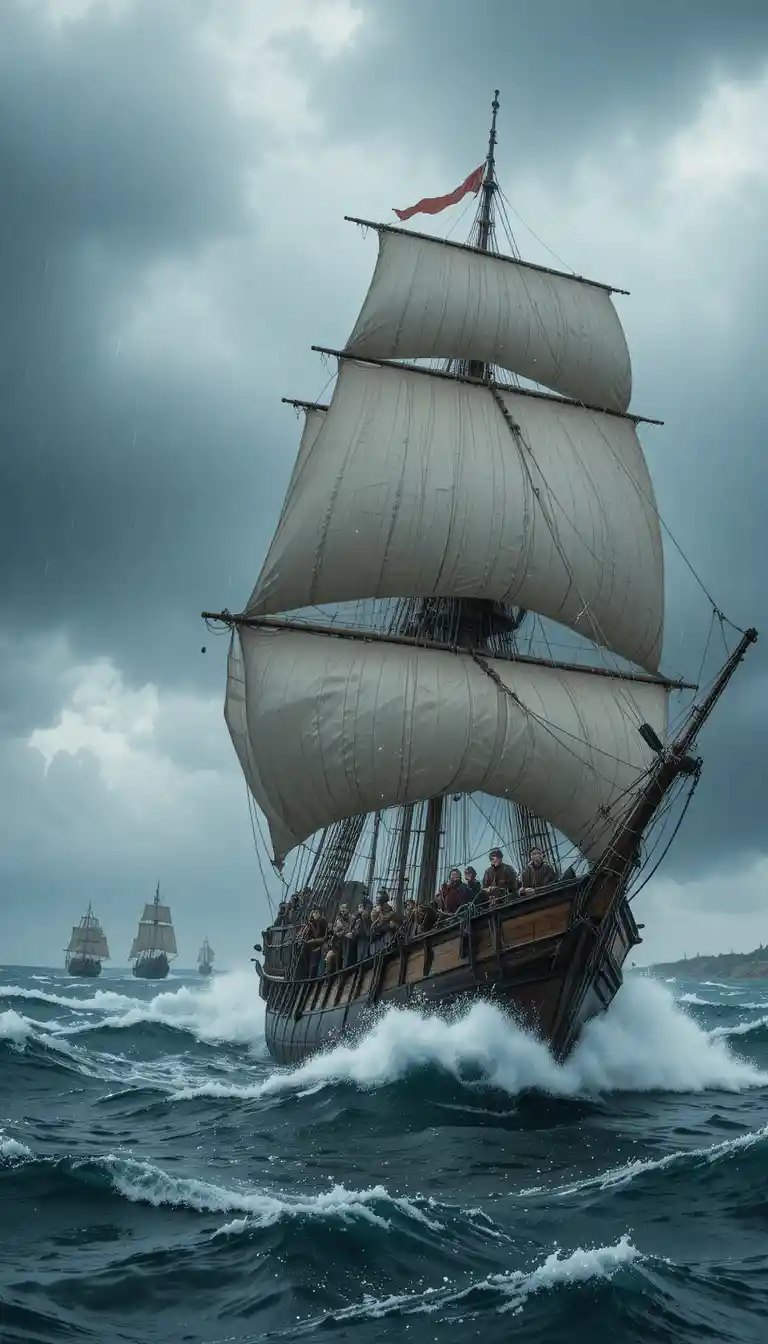 Portuguese carrack crew facing stormy winds and high waves