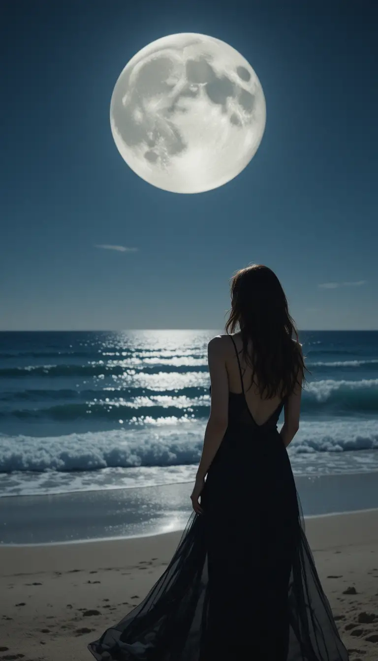 Woman in black dress on moonlit beach at night