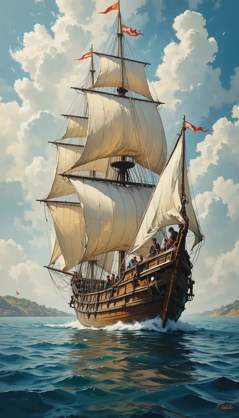 Colorful portuguese caravela with crew on calm sea