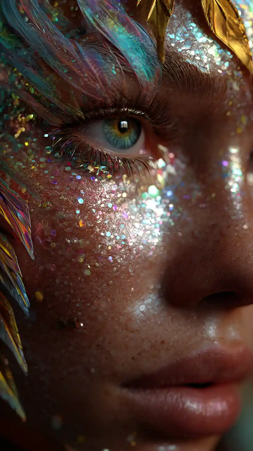 Dreamy close up of a luminous feminine figure in holographic style
