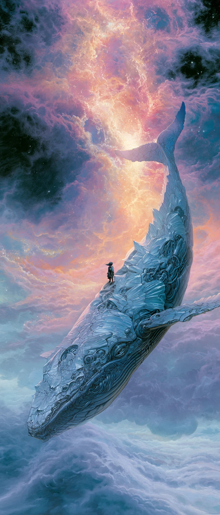 Tiny anime figure on colossal crystal whale in pastel nebula