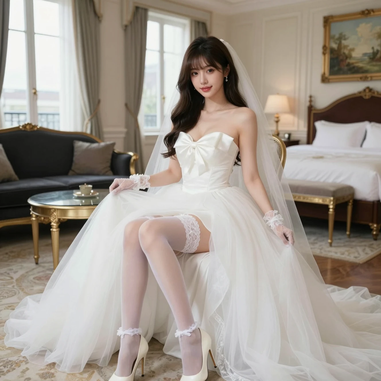 Elegante Braut im weißen Kleid sitzt in Luxushotelsuite