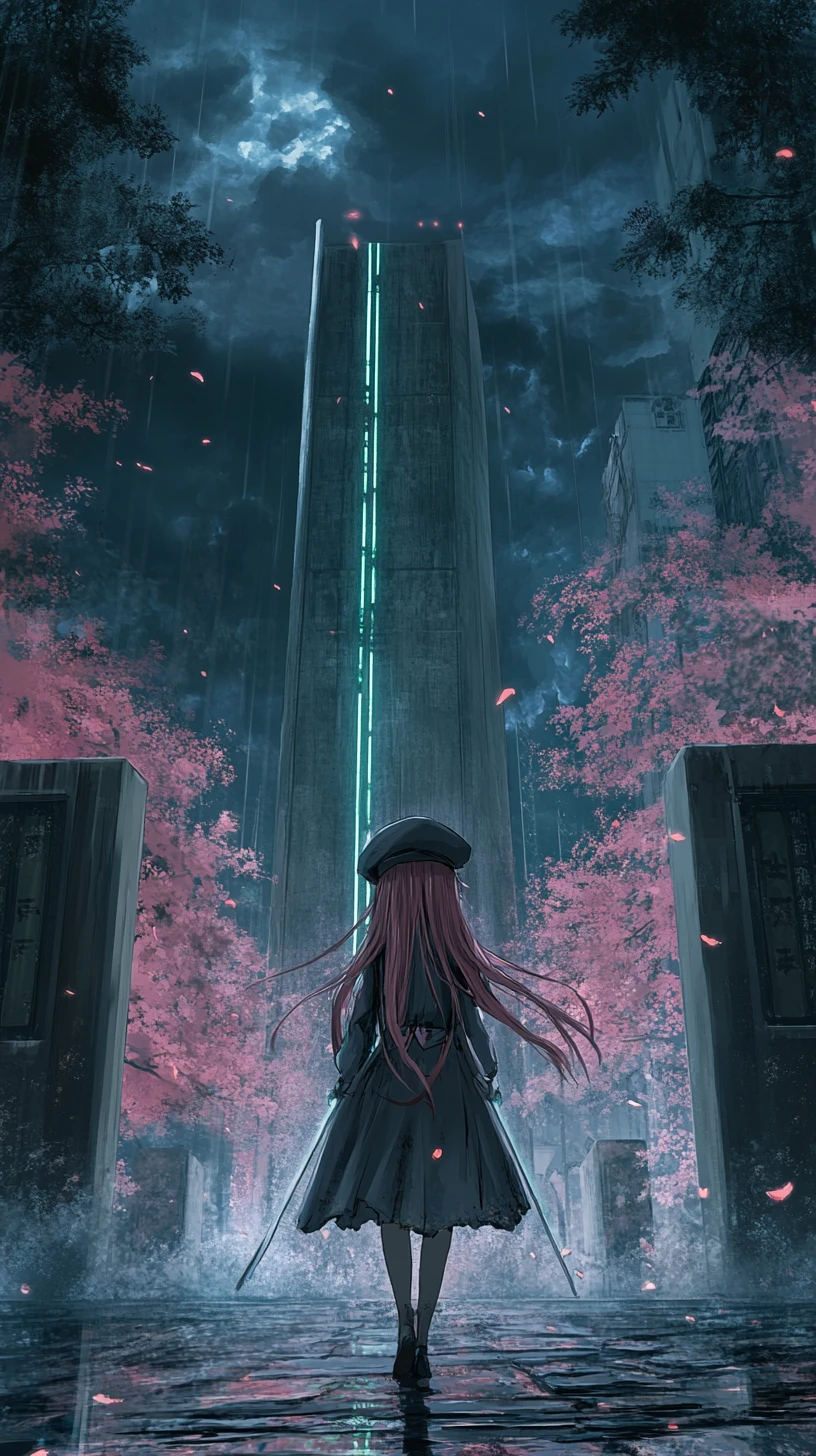 Anime girl by a concrete tower with green lights