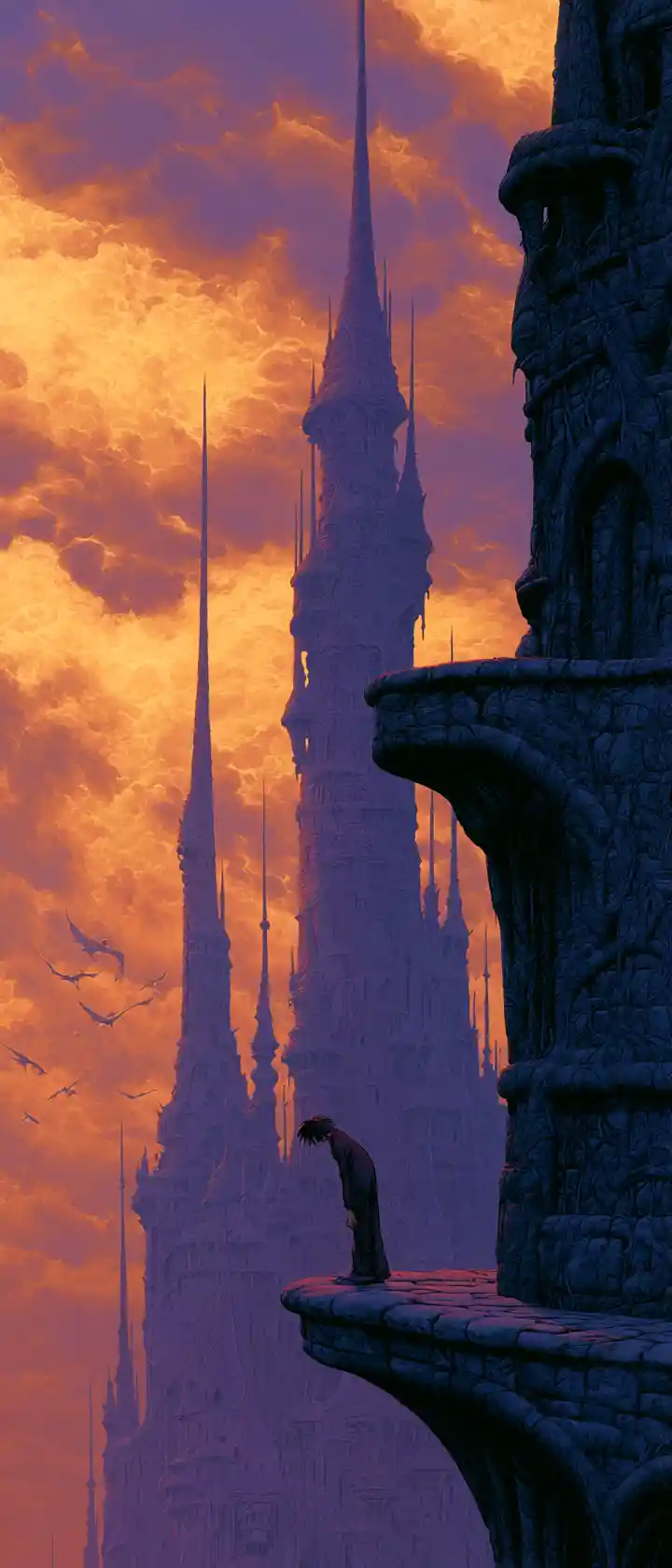 Anime hero grieving on a balcony of a towering fantasy fortress