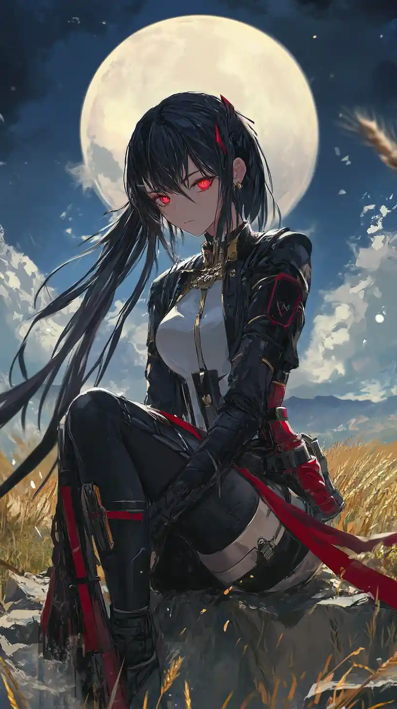 Anime girl in layered stone circle world at dusk