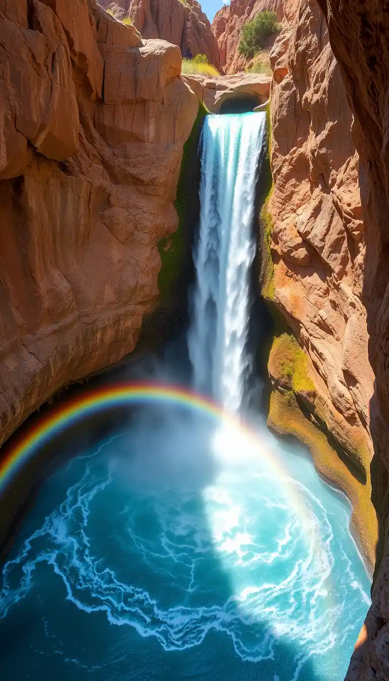 Sunlit canyon waterfall crashing into turquoise pool