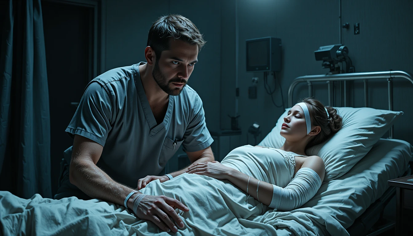Worried husband by his injured wife in a hospital