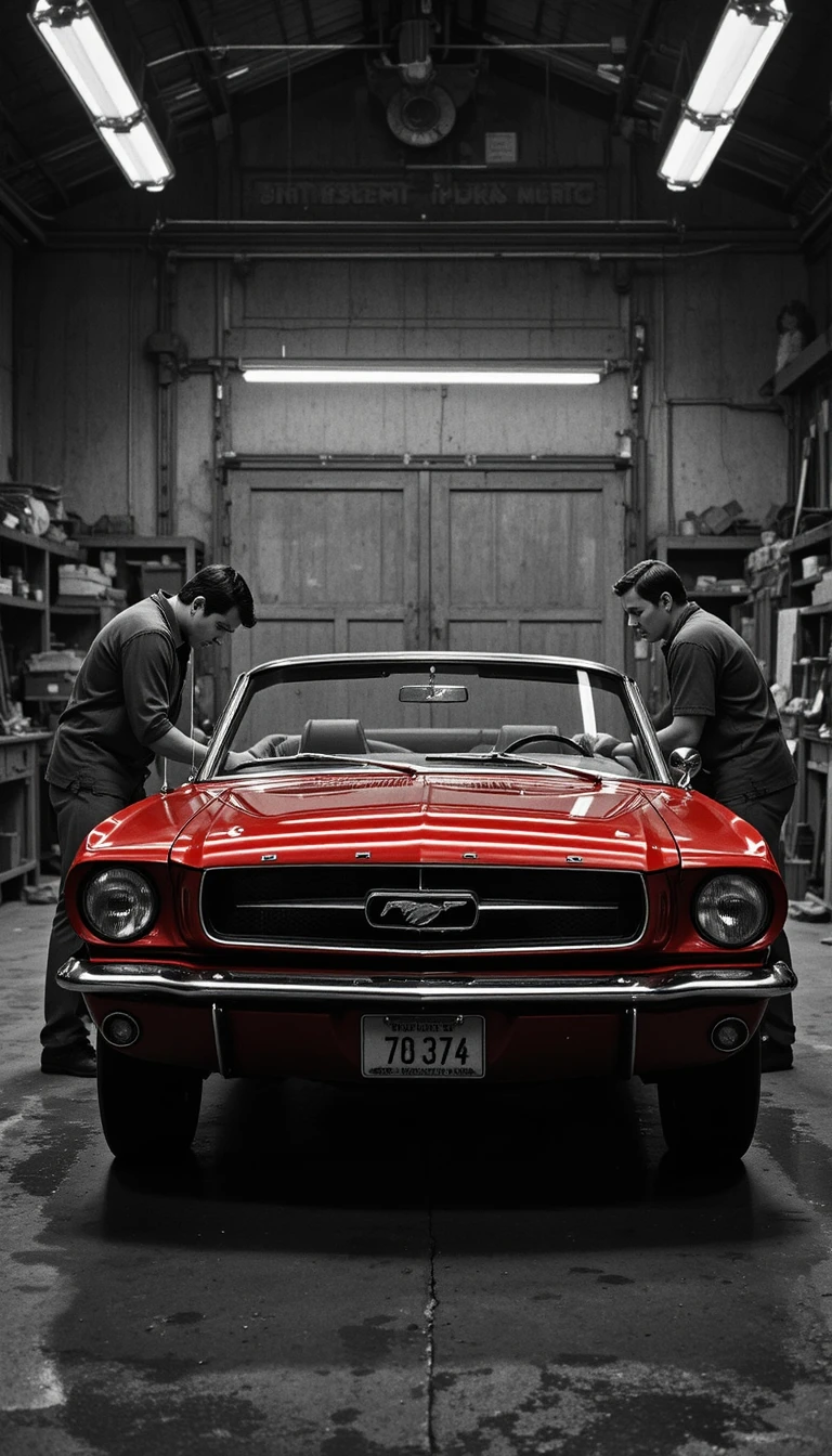Man working on red mustang convertible in large garage