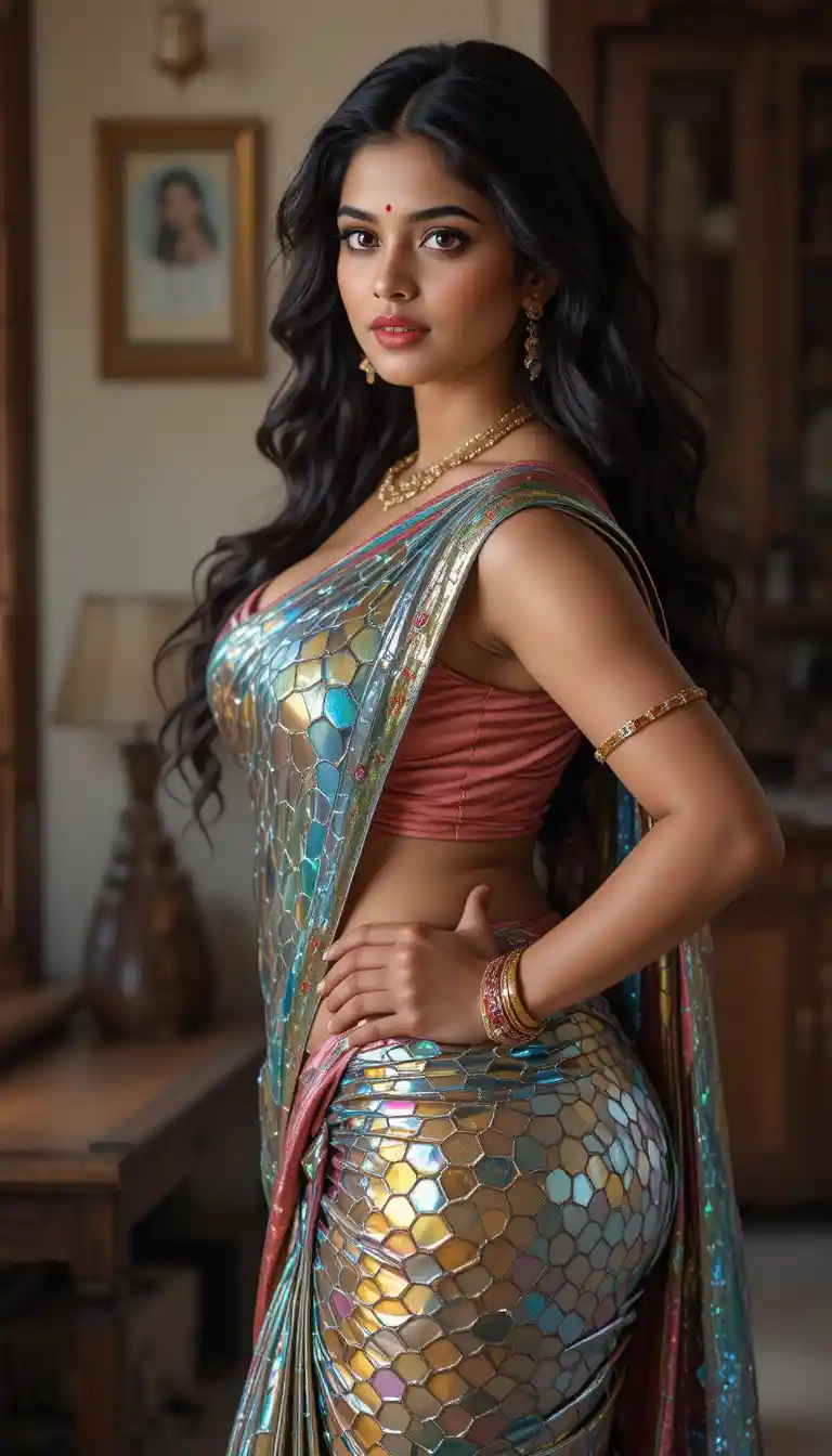 Indian woman in glossy mirror saree leaning in rustic room