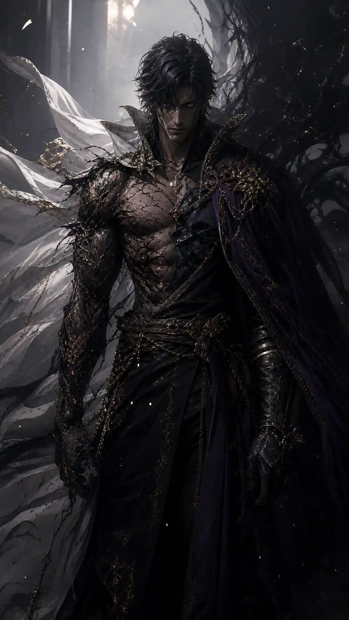 Scarred warrior cloaked in shadow and violet light