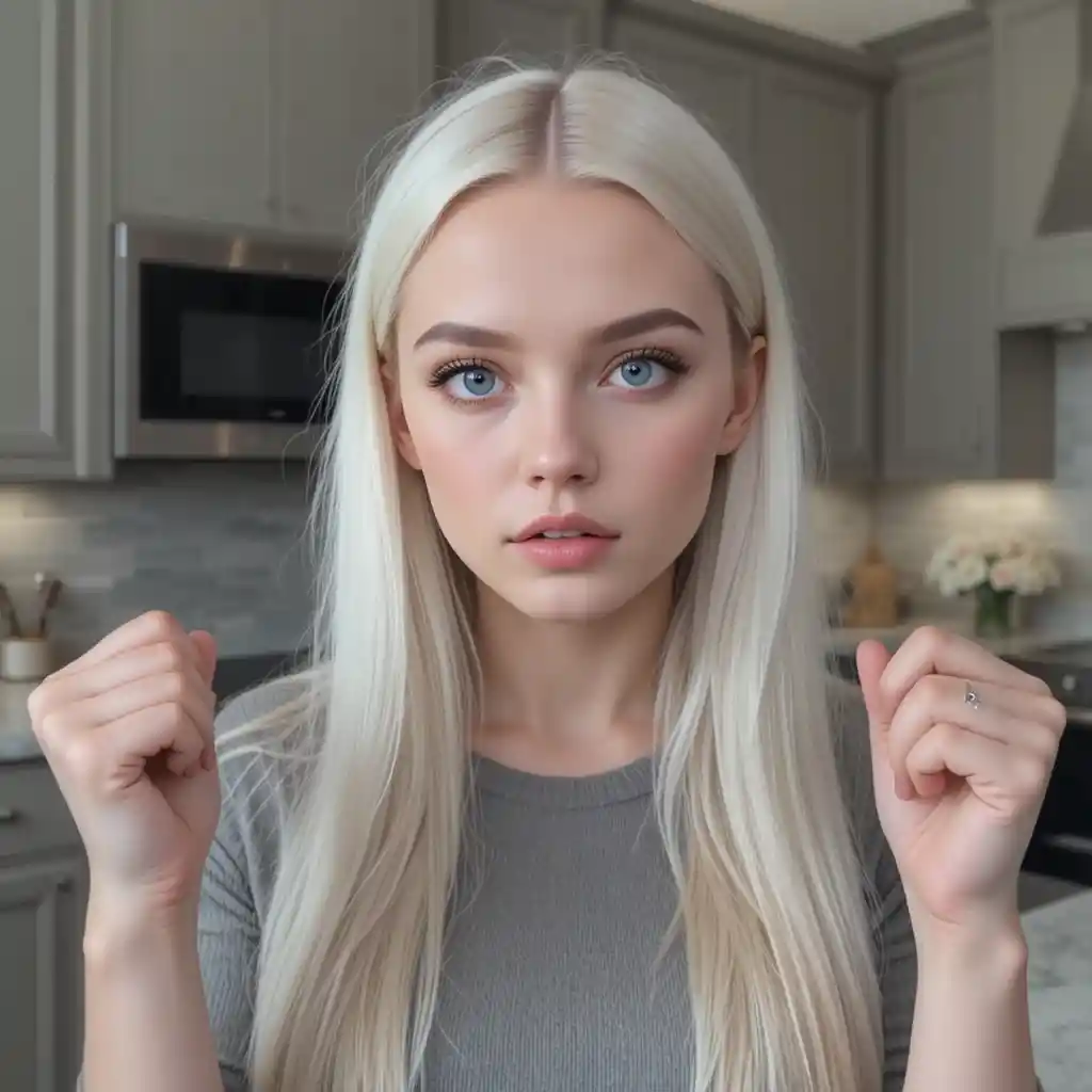 Focused blonde woman gesturing in a modern kitchen interior