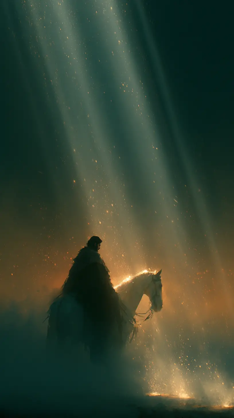 Cinematic knight beside white horse in glowing fog