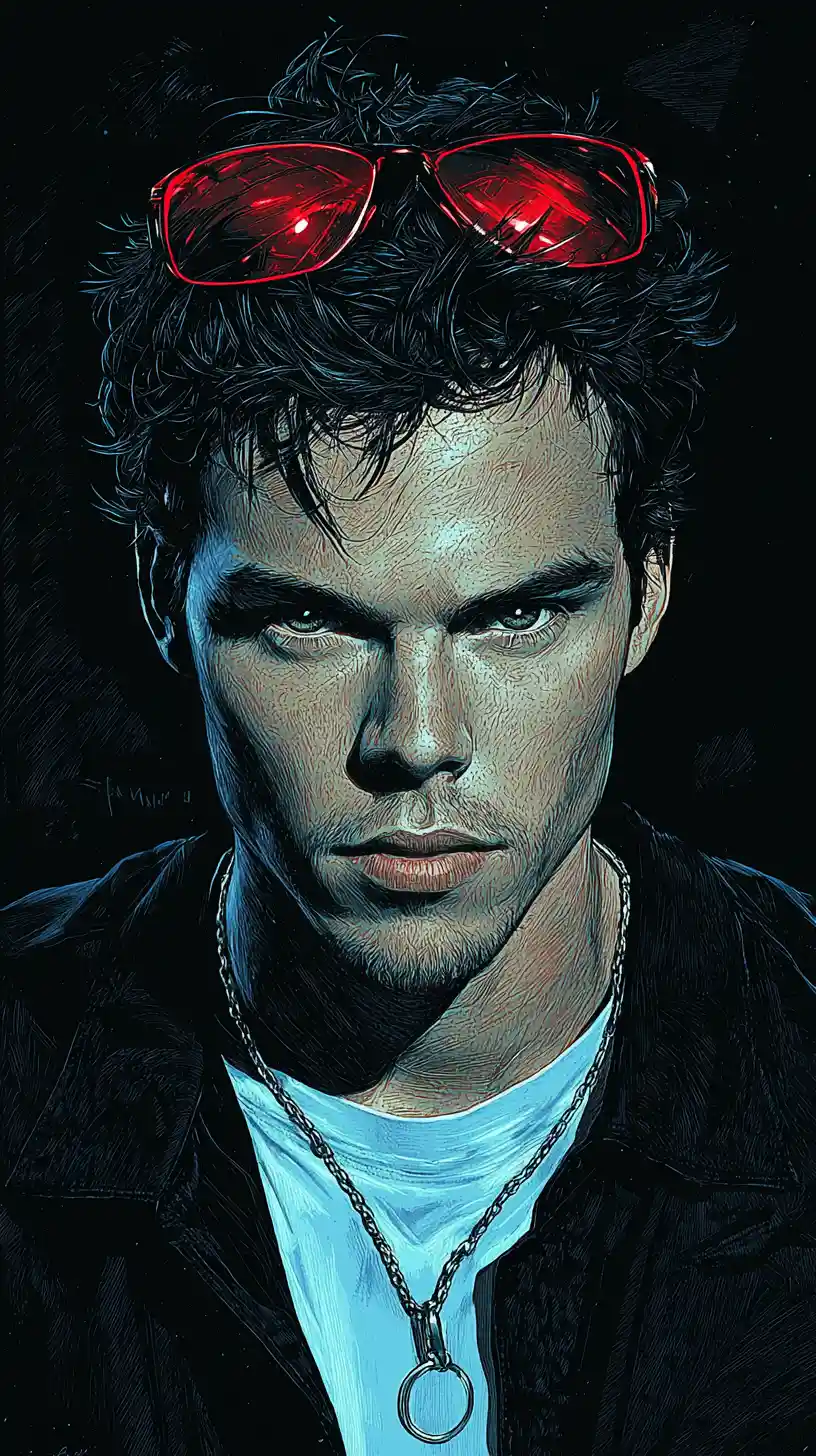 Low angle portrait of a confident man in neon rim light