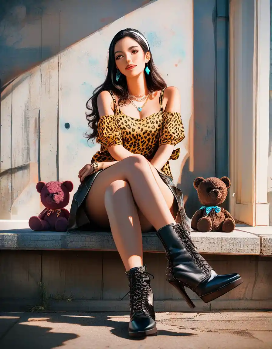 Purple haired woman posing on urban ledge with teddy bear