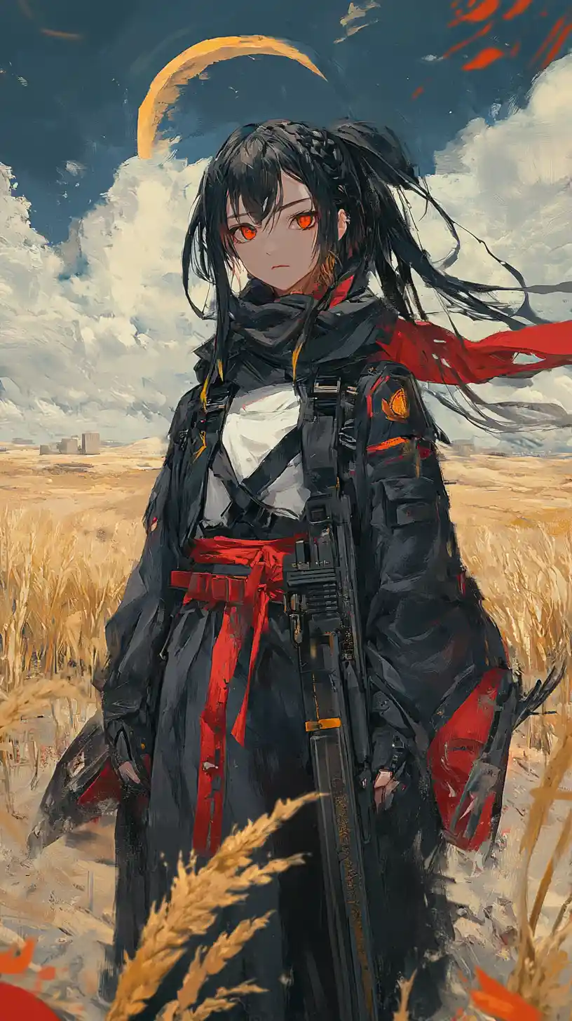 Anime girl on an old stone road at dusk