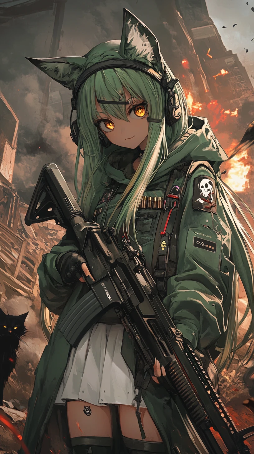 Chica de anime en postura de combate con rifle entre ruinas de guerra